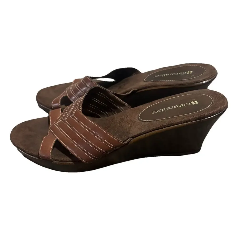 Naturalizer Women's Brown Wedge Heel‎ Slip On Dressy Sandal Vacation Casual Sz 8